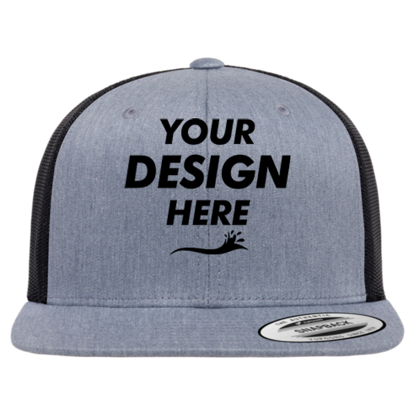 YP Classics Retro High Profile Trucker Cap, Heather Grey / Black, Front view, Mockup