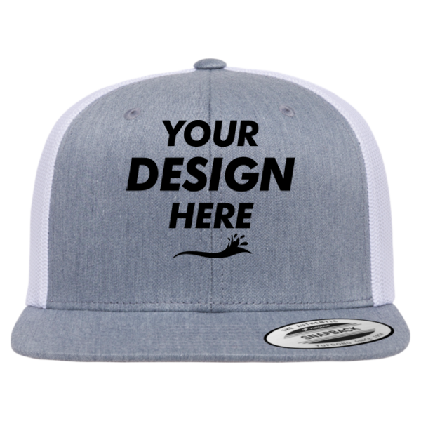 YP Classics Retro High Profile Trucker Cap, Heather Grey / White, Front view, Mockup
