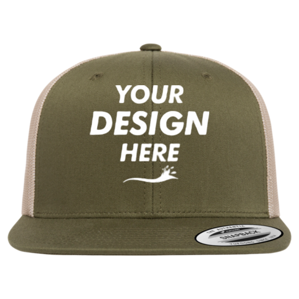 YP Classics Retro High Profile Trucker Cap, Moss Green / Khaki, Front view, Mockup