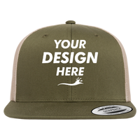 YP Classics Retro High Profile Trucker Cap, Moss Green / Khaki, Front view, Mockup