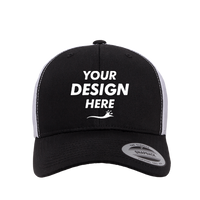 YP Classics Retro Trucker Cap, Black / White / White, Front view, Mockup