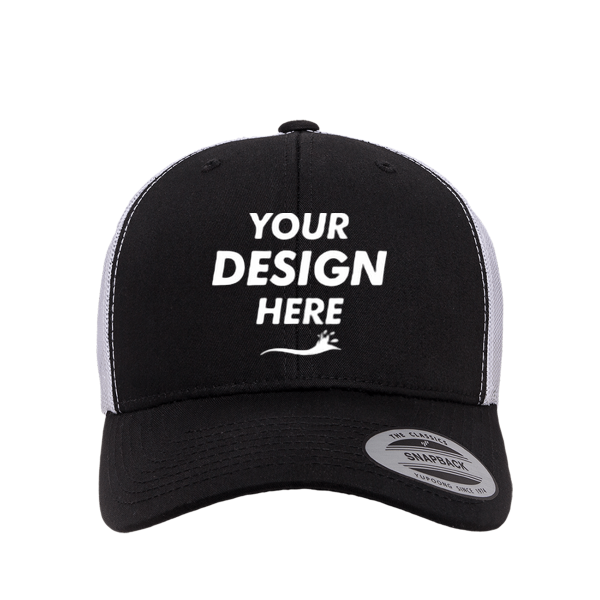 YP Classics Retro Trucker Cap, Black / White / White, Front view, Mockup
