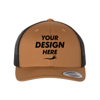 YP Classics Retro Trucker Cap, Caramel / Black / Black, Front view, Mockup