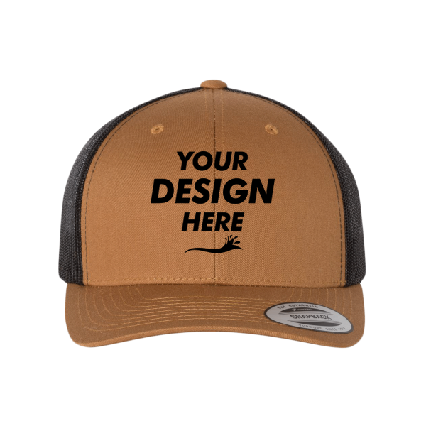 YP Classics Retro Trucker Cap, Caramel / Black / Black, Front view, Mockup