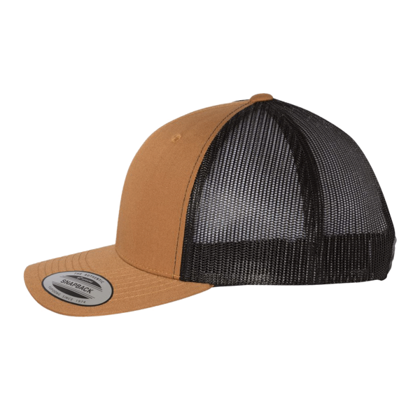 YP Classics Retro Trucker Cap, Caramel / Black / Black, Left Side view