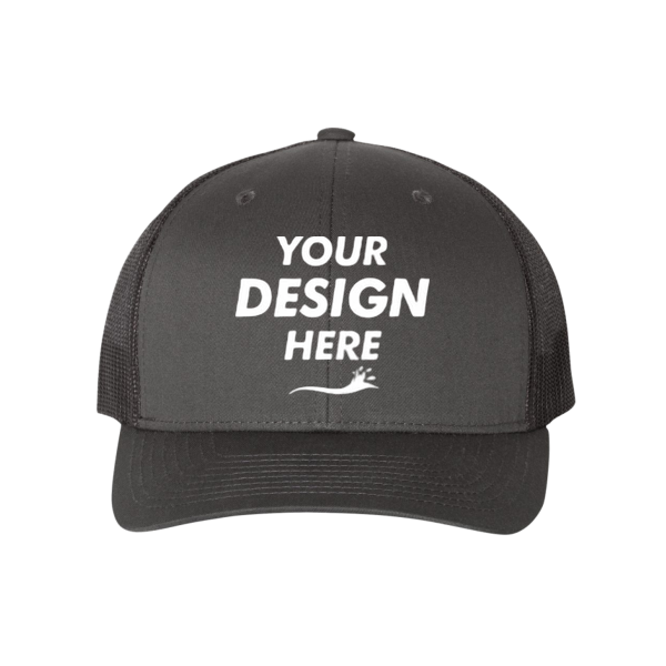 YP Classics Retro Trucker Cap, Charcoal / Black / Black, Front view, Mockup