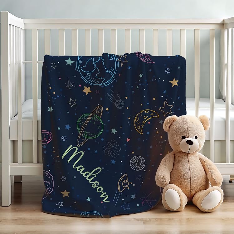 Personalized space-themed name blanket over a crib