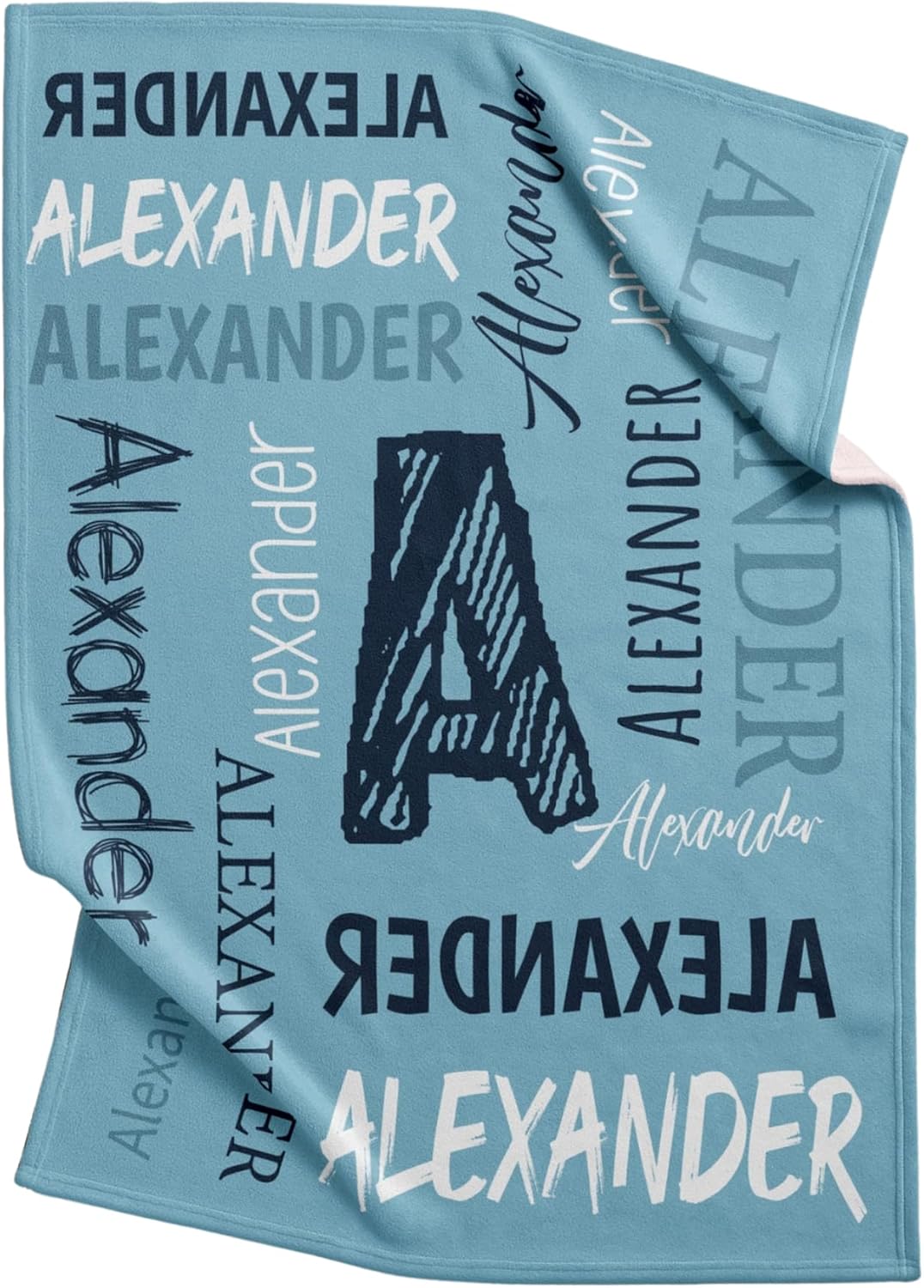 Close-up of a blue personalized name blanket with repeated lettering