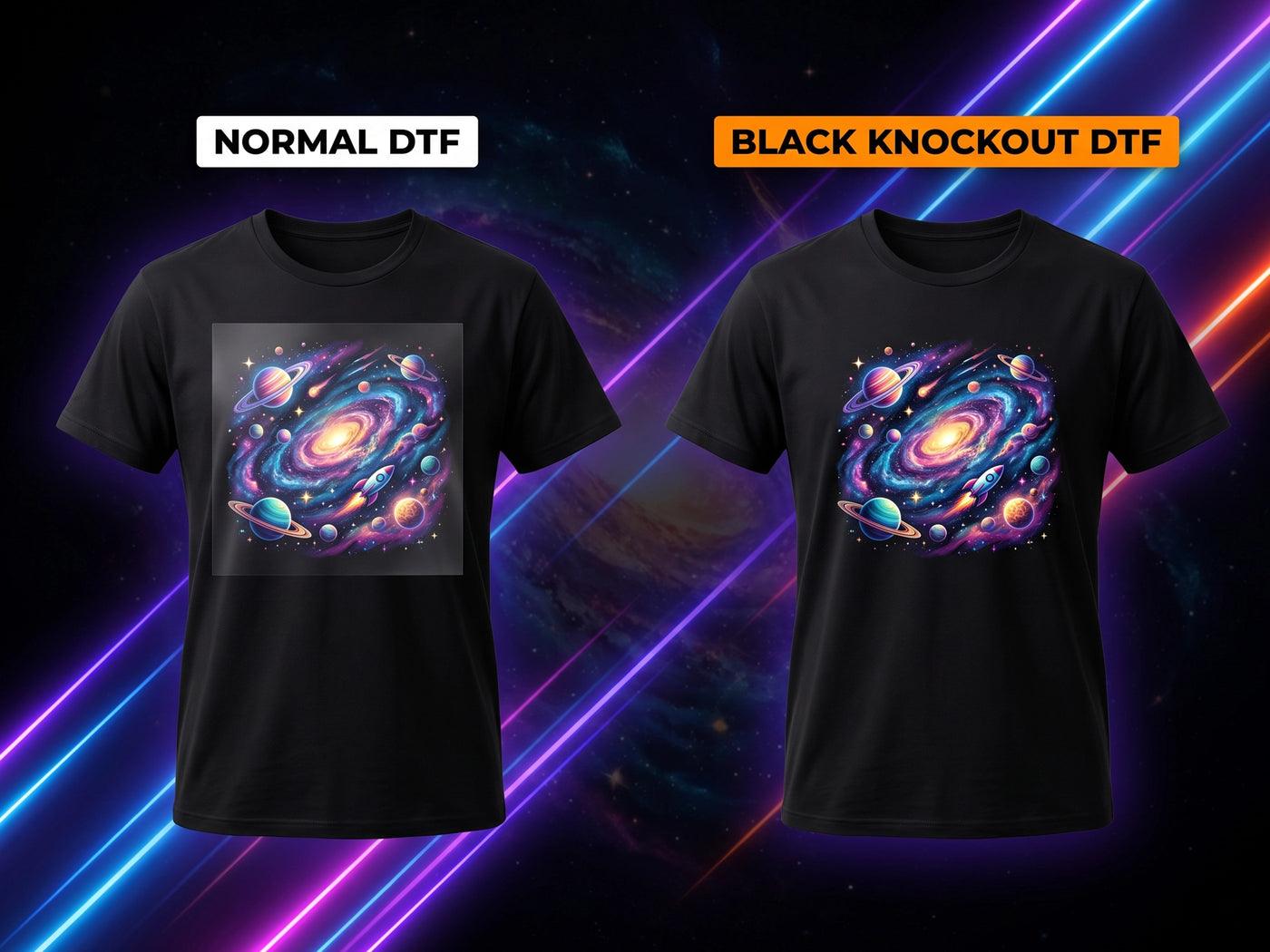 Black Knockout DTF transfer compared with a normal DTF print on a black t-shirt