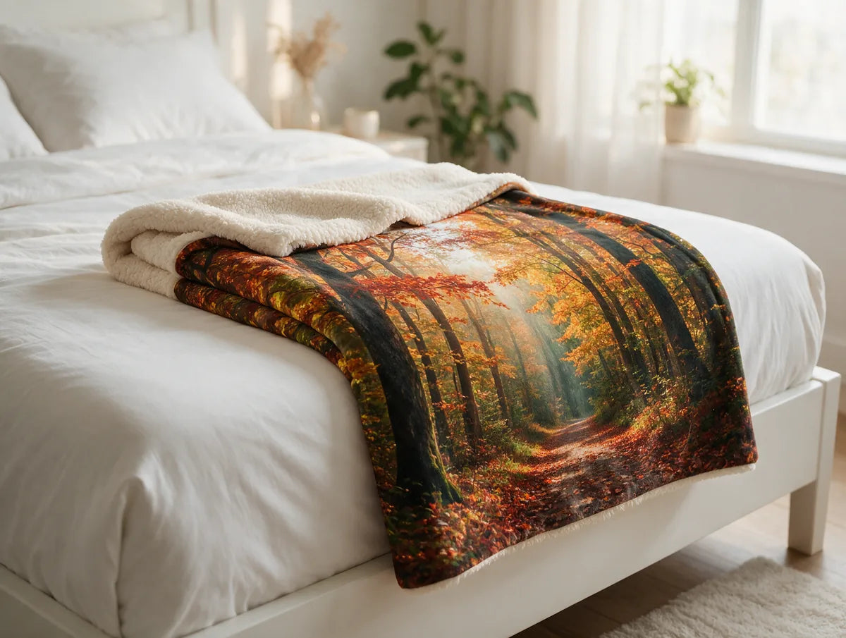 Printed sherpa throw with a forest scene across the foot of a bed