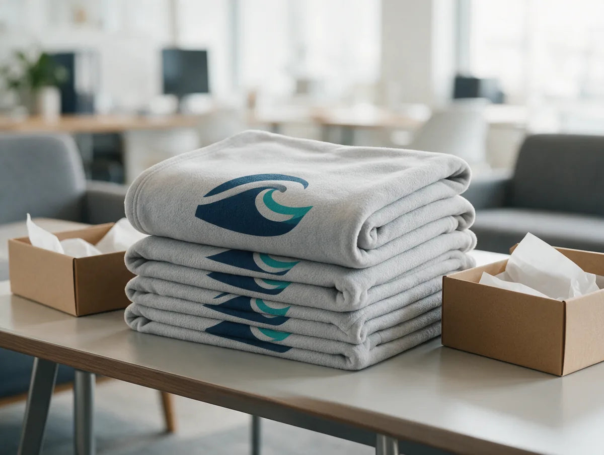 Stack of custom logo fleece blankets next to gift boxes