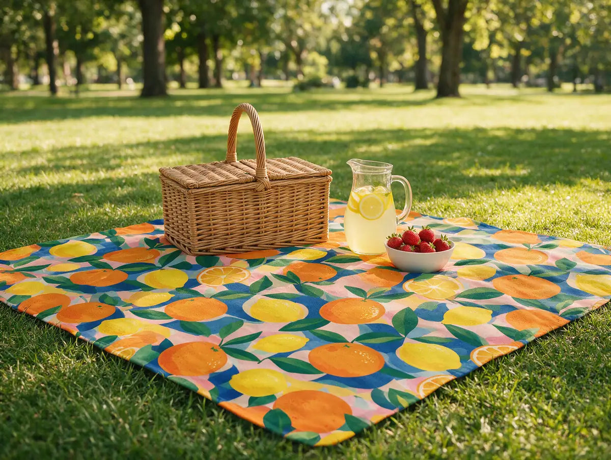Custom printed picnic blanket with a basket in a sunny park