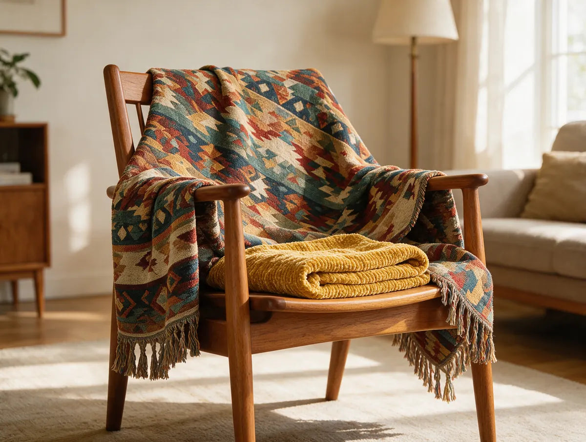 Woven tassel blanket and a chenille throw on a reading chair