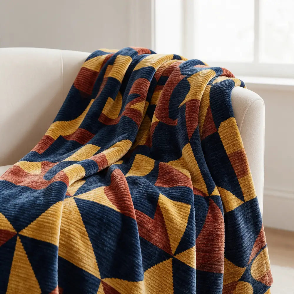 Chenille throw printed with a bold geometric pattern on an armchair