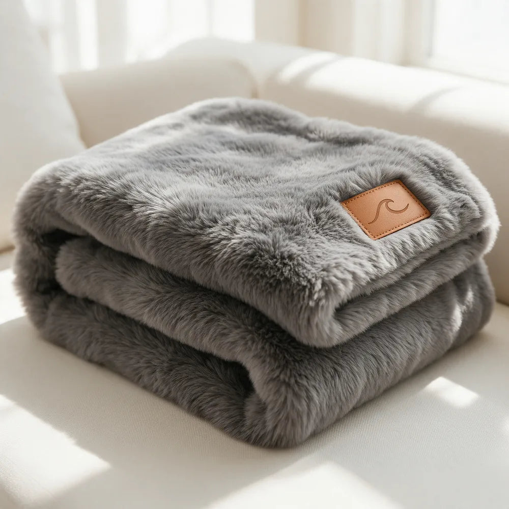 Gray faux fur throw with a laser-engraved corner patch