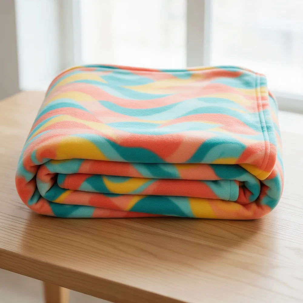 Folded economy fleece blanket printed edge to edge with colorful waves