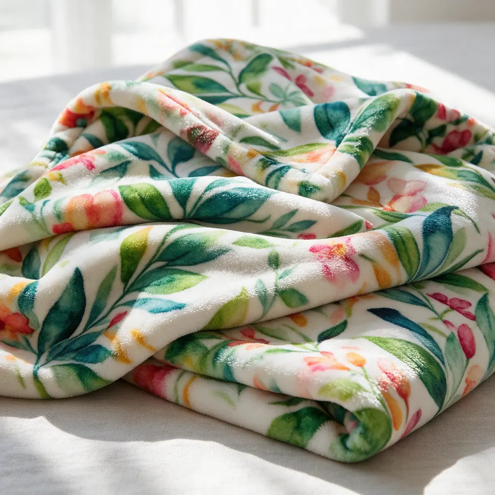 Plush mink velveteen blanket printed with a watercolor botanical pattern