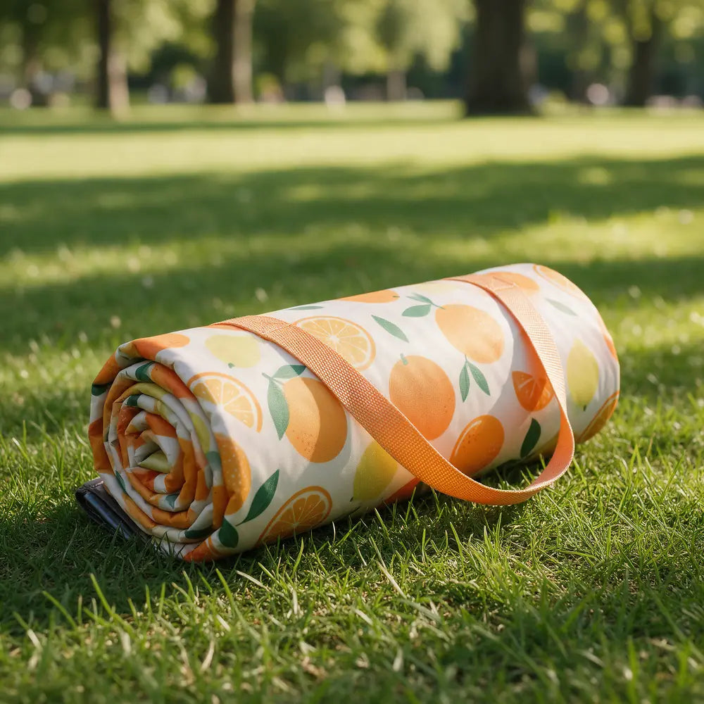 Rolled waterproof picnic blanket with a carry strap on the grass
