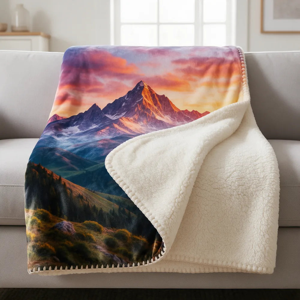 Printed sherpa throw folded back to show the fluffy cream sherpa side