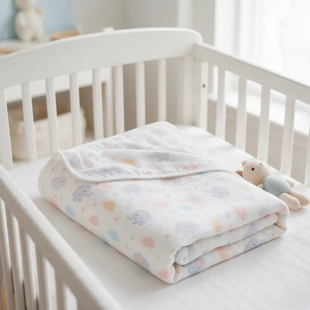 Baby swaddle blanket printed with pastel elephants folded in a crib