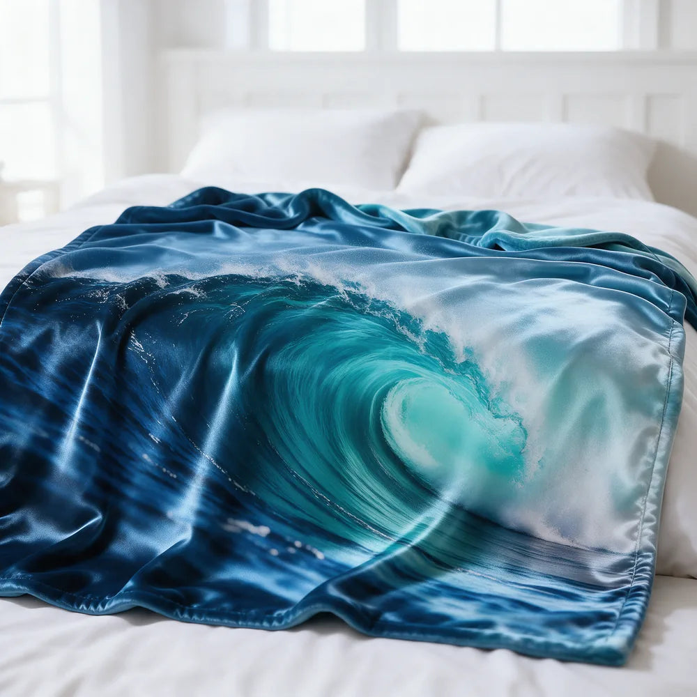 Silky twin velvet blanket printed with an ocean wave on a bed