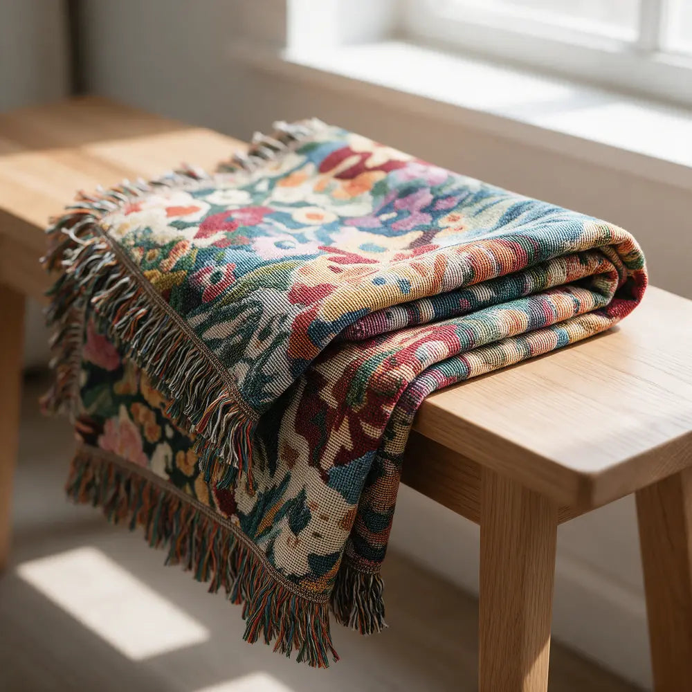 Woven jacquard blanket with a floral pattern and tassel fringe
