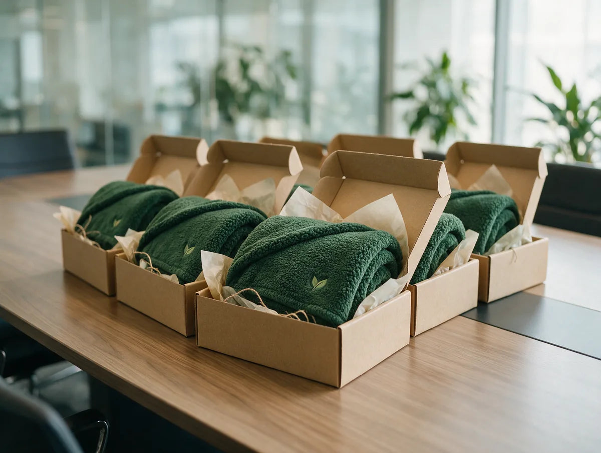 Branded sherpa blankets in gift boxes on a conference table