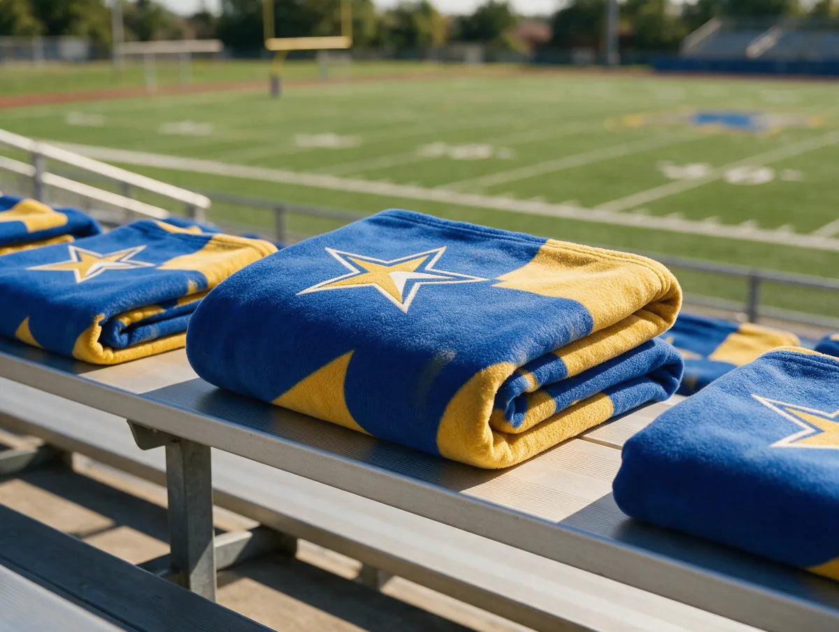Matching team fleece blankets folded on stadium bleachers