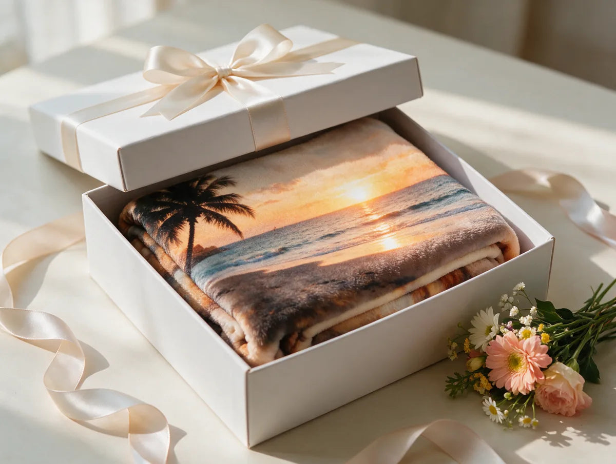 Custom photo blanket of a sunset beach in an open gift box