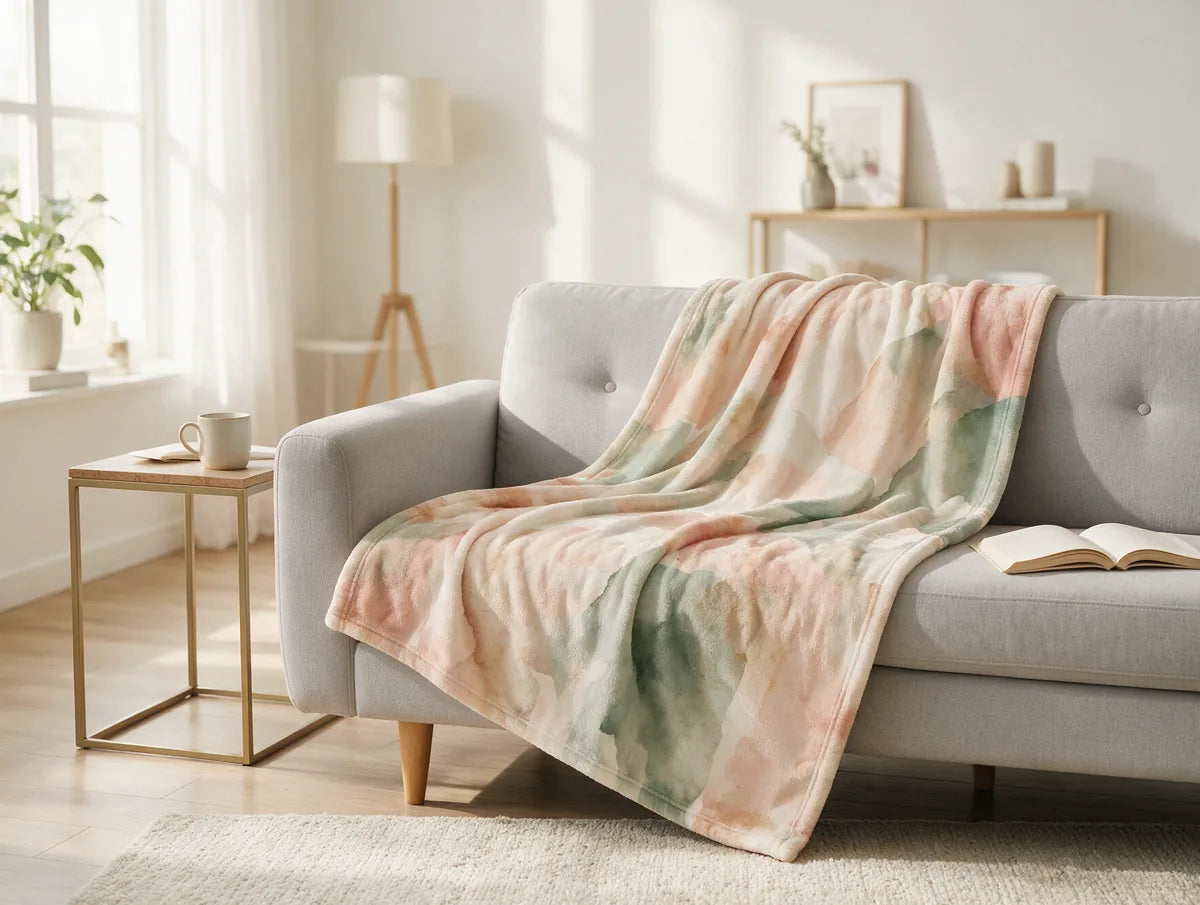 Custom printed watercolor throw draped over a living room sofa