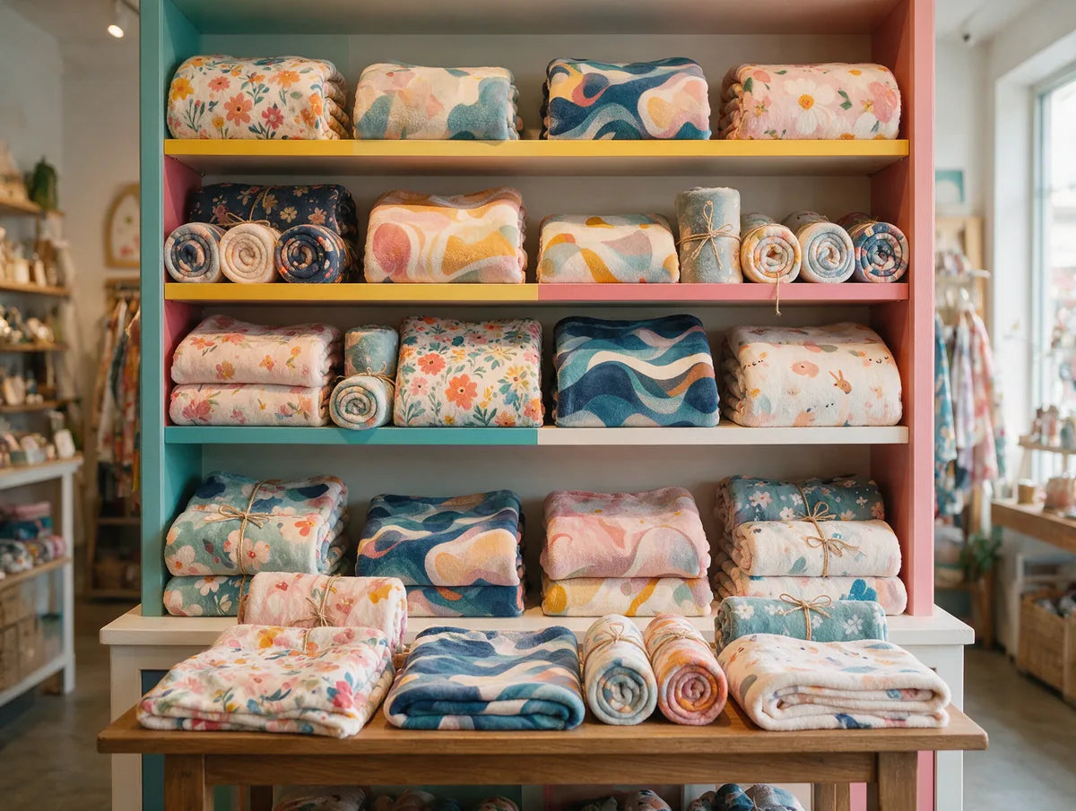 Boutique shelf stocked with folded custom printed blankets