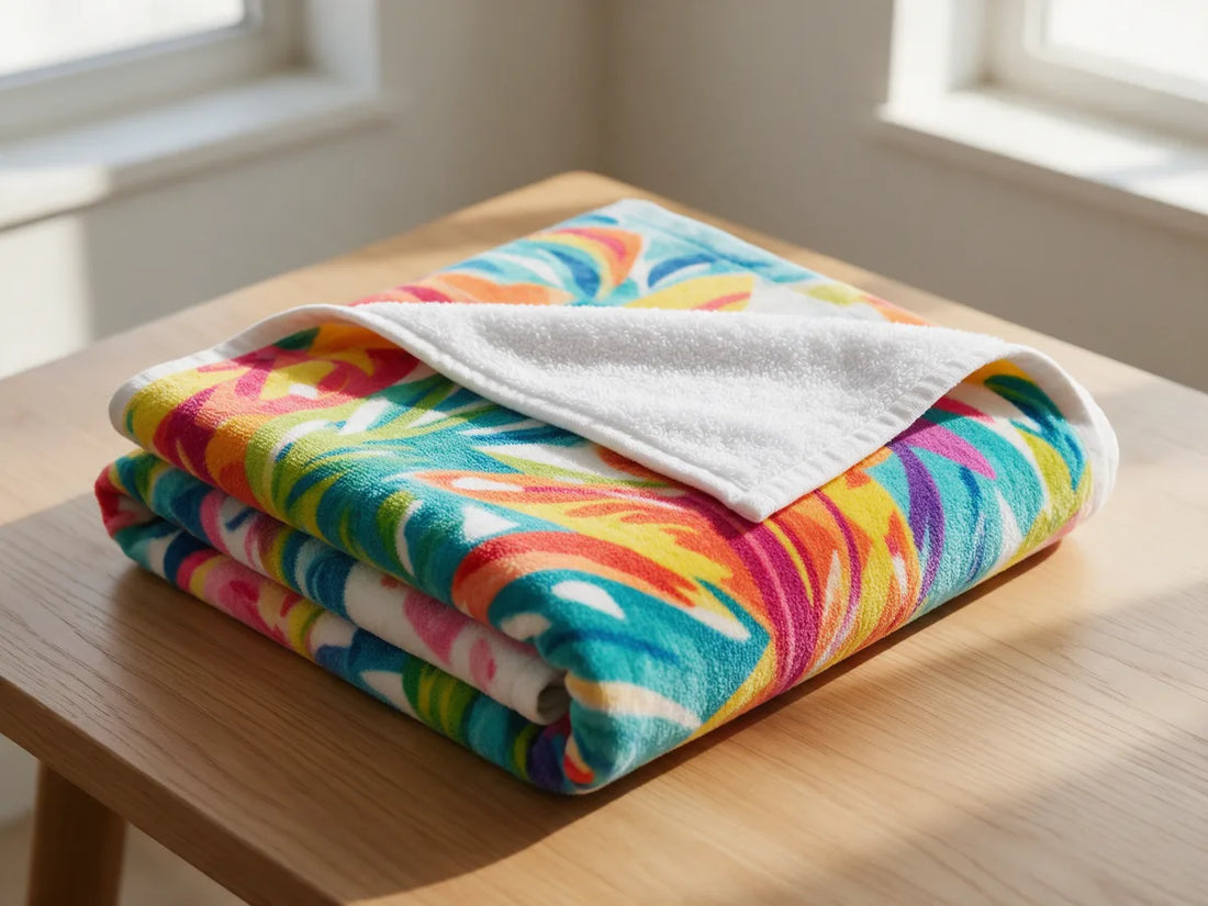 Folded beach towel showing the vivid printed front and the soft white cotton back