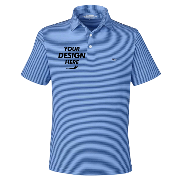 vineyard vines Men's Bradley Stripe Sankaty Polo, Maui Blue, Front view, Mockup