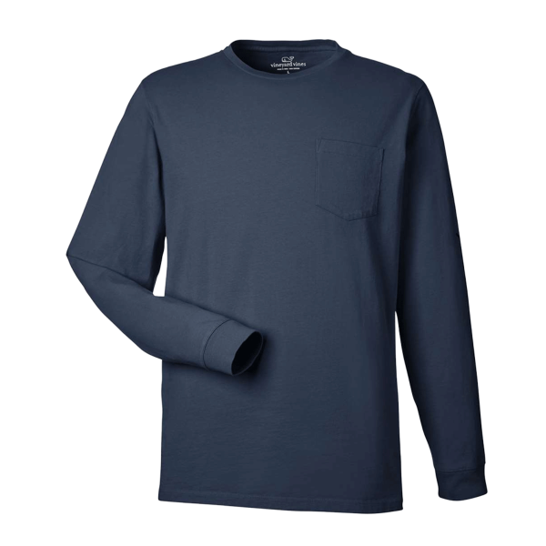 vineyard vines Unisex Long Sleeve Pocket T-Shirt, Blue Blazer / White Cap, Front view