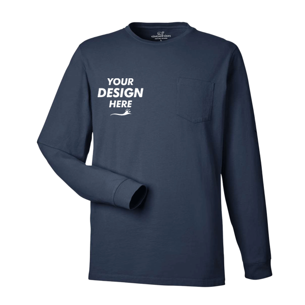 vineyard vines Unisex Long Sleeve Pocket T-Shirt, Blue Blazer / White Cap, Front view, Mockup