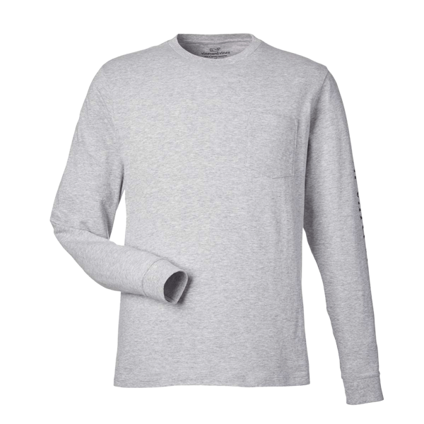 vineyard vines Unisex Long Sleeve Pocket T-Shirt, Grey Heather / Blue Blazer, Front view