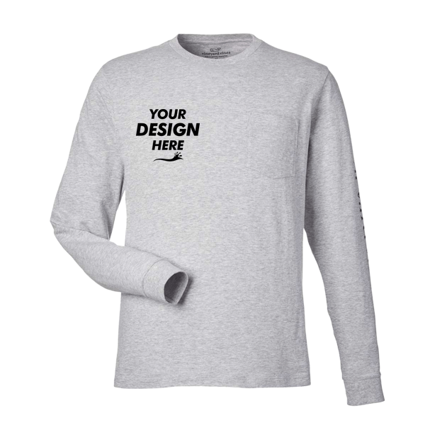 vineyard vines Unisex Long Sleeve Pocket T-Shirt, Grey Heather / Blue Blazer, Front view, Mockup