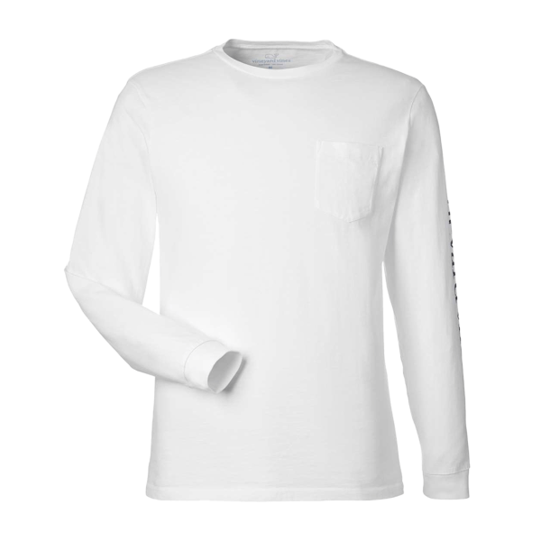 vineyard vines Unisex Long Sleeve Pocket T-Shirt, White Cap / Blue Blazer, Front view