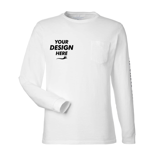vineyard vines Unisex Long Sleeve Pocket T-Shirt, White Cap / Blue Blazer, Front view, Mockup
